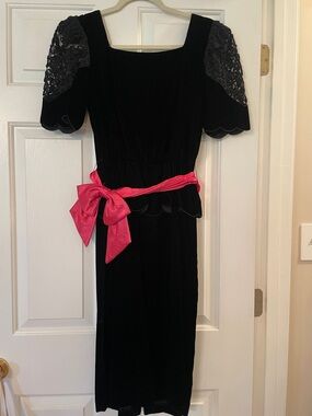 Black Velvet Dress with Pink Sash